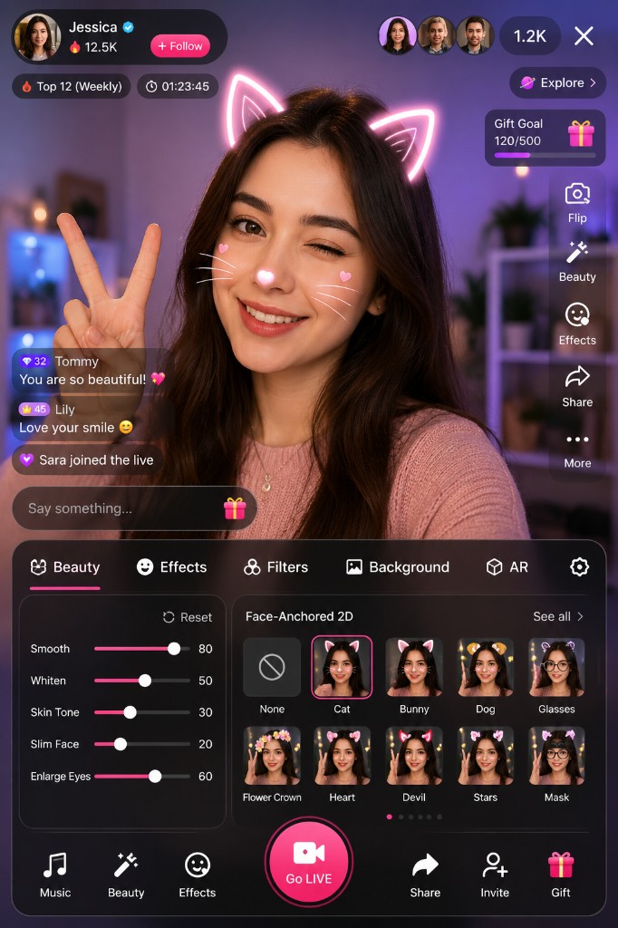Mobile live app with beauty sliders and face filters